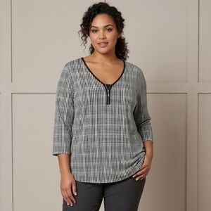 George Plus Size Black and White Plaid Top with Zipper Detail, 3X